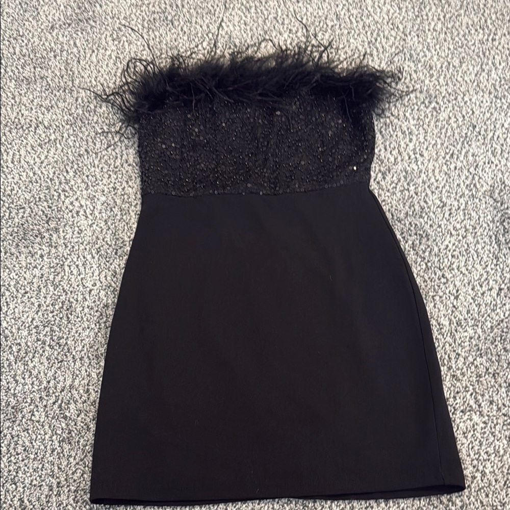 Black Strapless Dress with Feather Detail